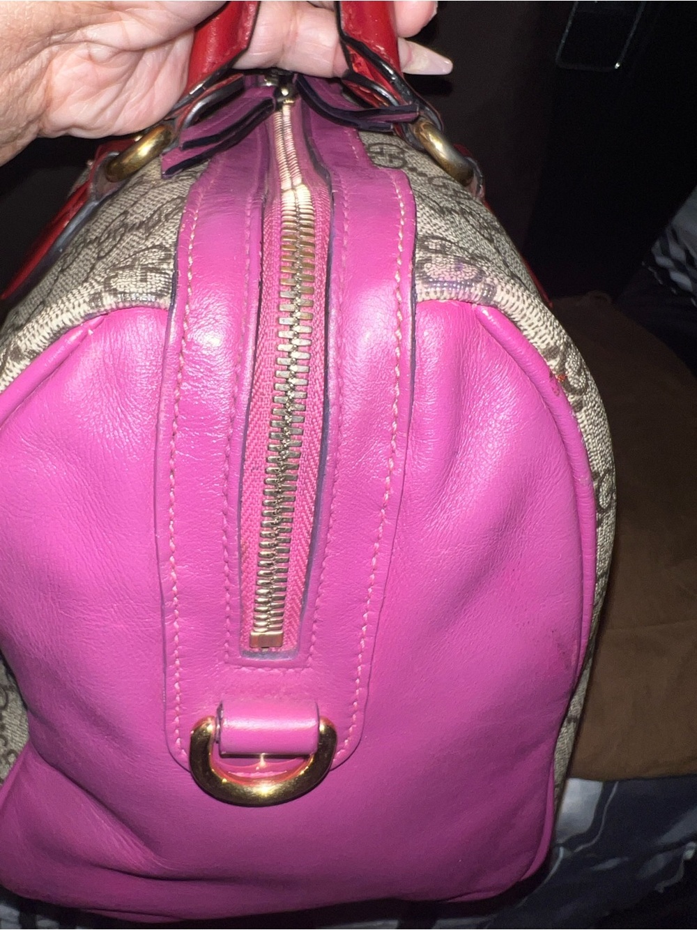 Gucci Beige GG Canvas Satchel with Pink Trim and Red 35 with strap - Picture 15 of 15